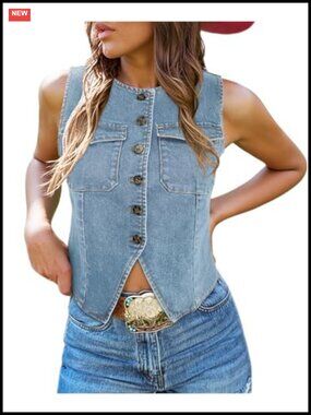 Women's Cropped Denim Vest Tank Top Sleeveless Jean Vest with Back Tie